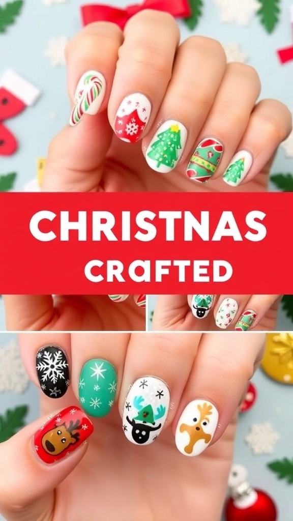 A variety of Christmas nail designs for children, including snowflakes, trees, and candy canes.